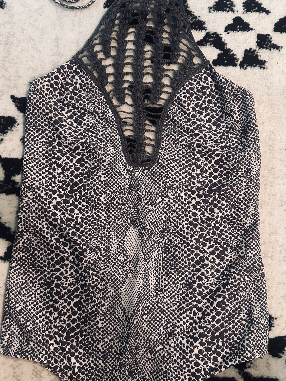 acacia swimwear Black and White Printed One-Piece with Crochet Detail